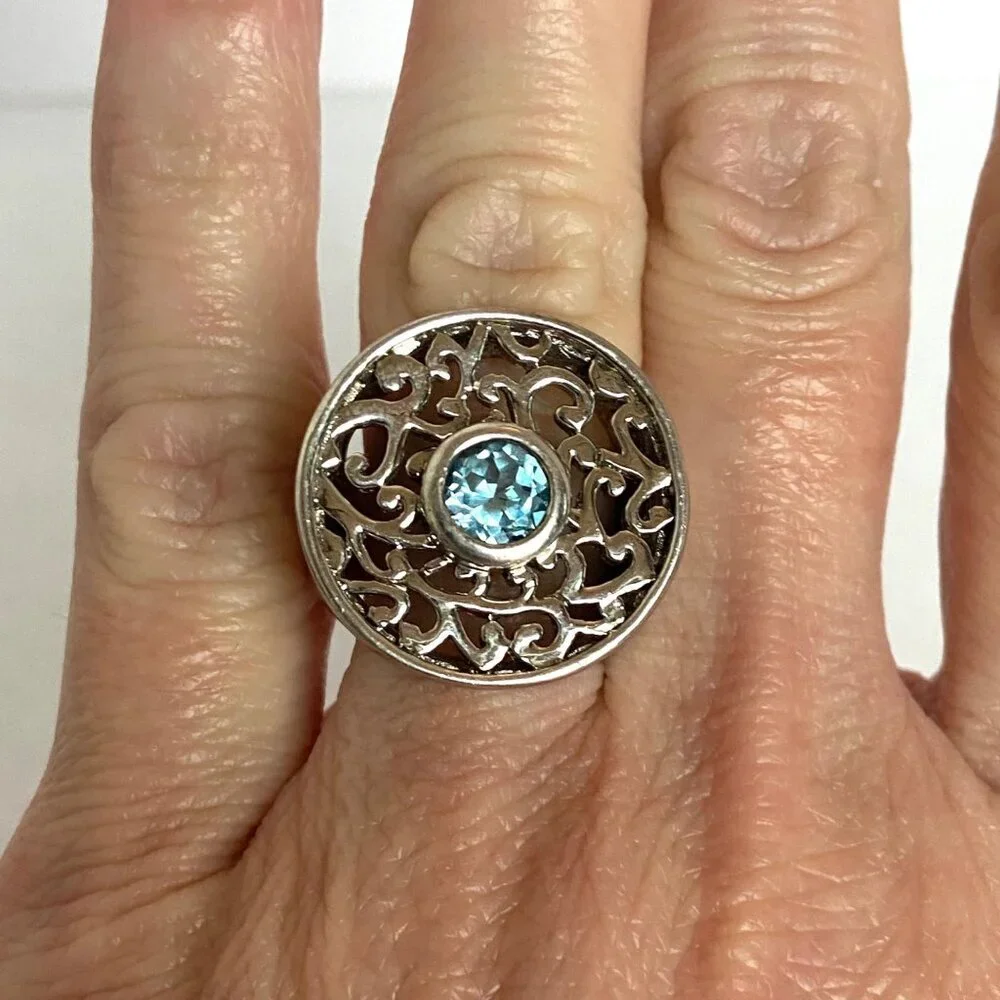 Sterling Silver 925 Round Blue Topaz Scrollwork Wide Band Statement Ring Sz 5.75